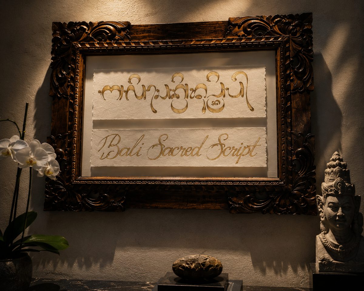 The arrival piece — carved teak, floating glass, warm light